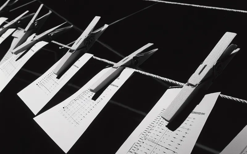 Completed Scantron test sheets pinned to crossing clotheslines, like records hung on the line