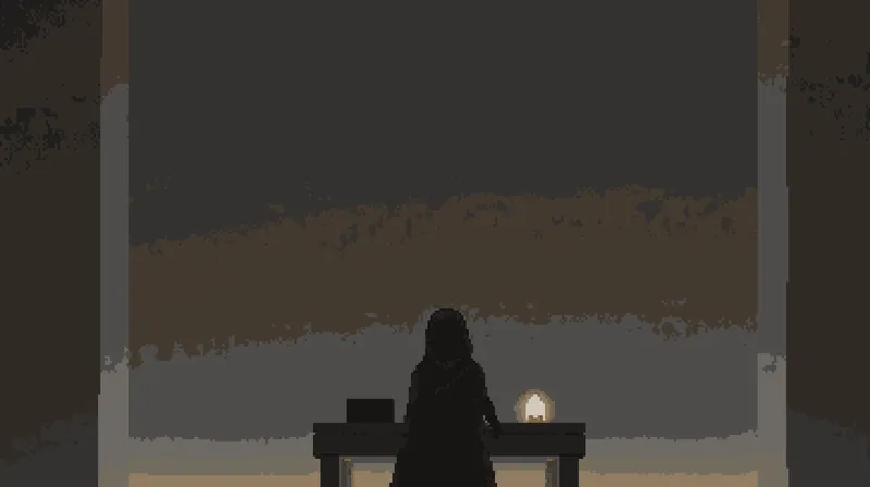 Silhouetted figure before towering stone architecture, pixel art in the Another World tradition