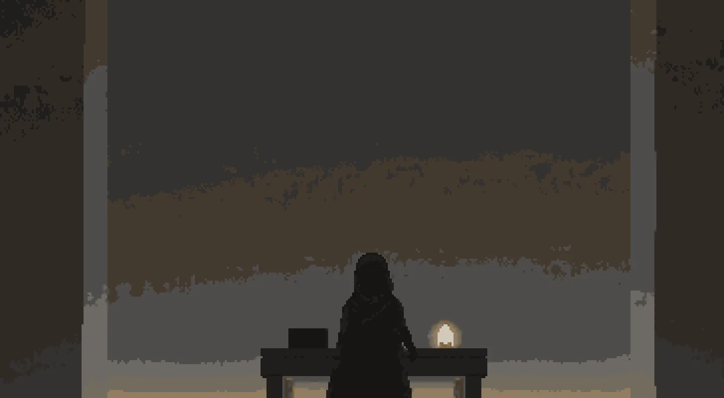 Silhouetted figure before towering stone architecture, pixel art in the Another World tradition