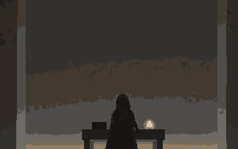 Silhouetted figure before towering stone architecture, pixel art in the Another World tradition