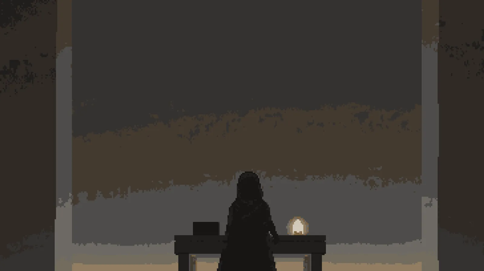 Silhouetted figure before towering stone architecture, pixel art in the Another World tradition